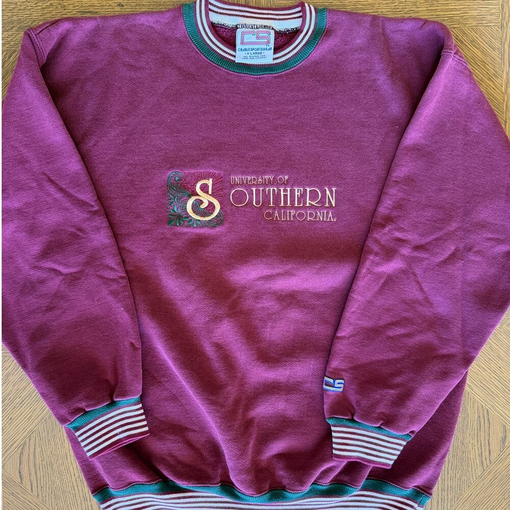 Vintage 90s USC Trojans Crable Sportswear Sweatshirt Maroon Striped Trim Mens XL